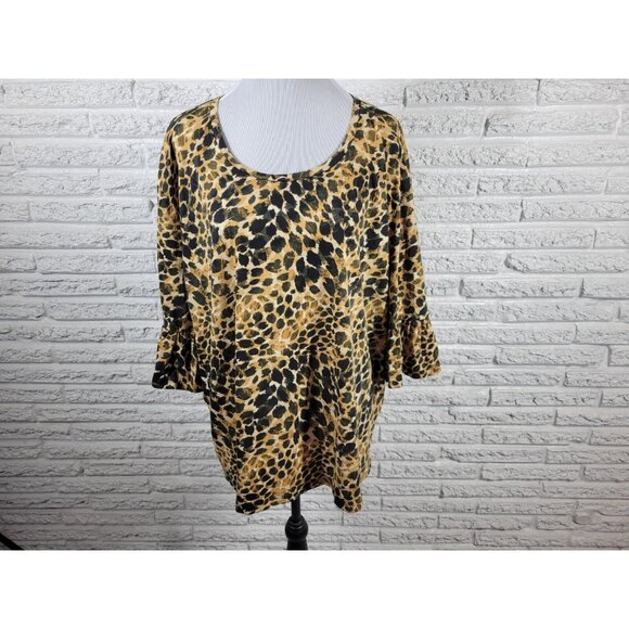 Roamans Womens Top 1X 22 24 Plus Bell Sleeve Brown Animal Print Cotton ANI21E - Picture 1 of 9